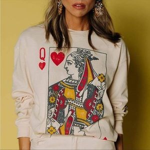 Daydreamer Free People Queen Of Hearts Graphic Crewneck Long Sleeve Tee In Sand
